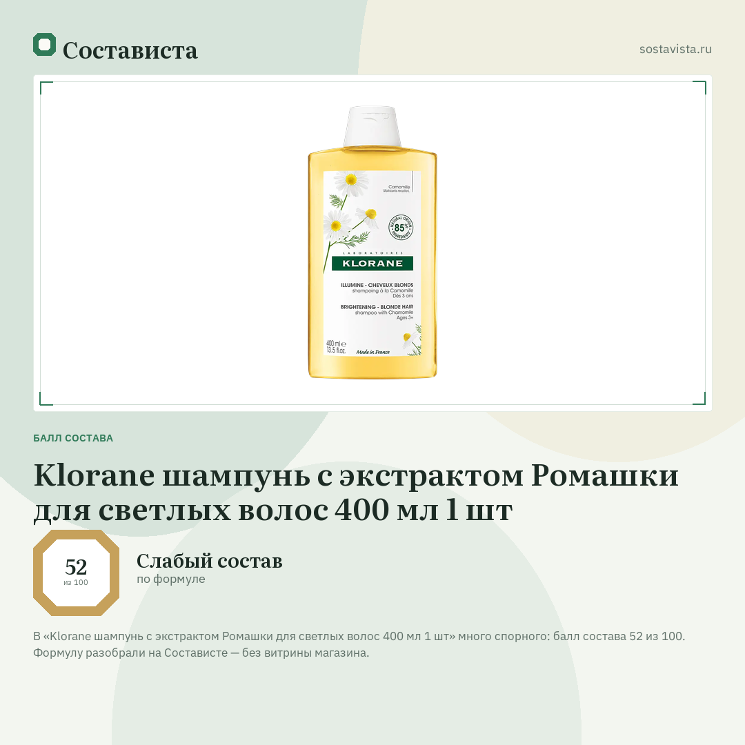 Klorane шампунь с экстрактом Ромашки для светлых волос 400 мл 1 шт: балл состава 52 из 100 — Состависта