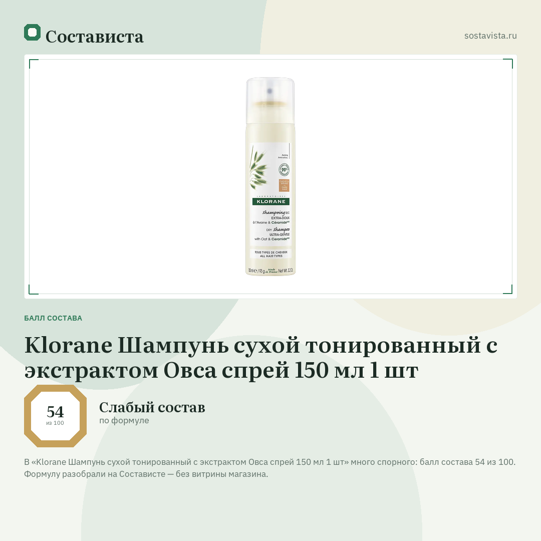 Klorane Шампунь сухой тонированный с экстрактом Овса спрей 150 мл 1 шт: балл состава 54 из 100 — Состависта