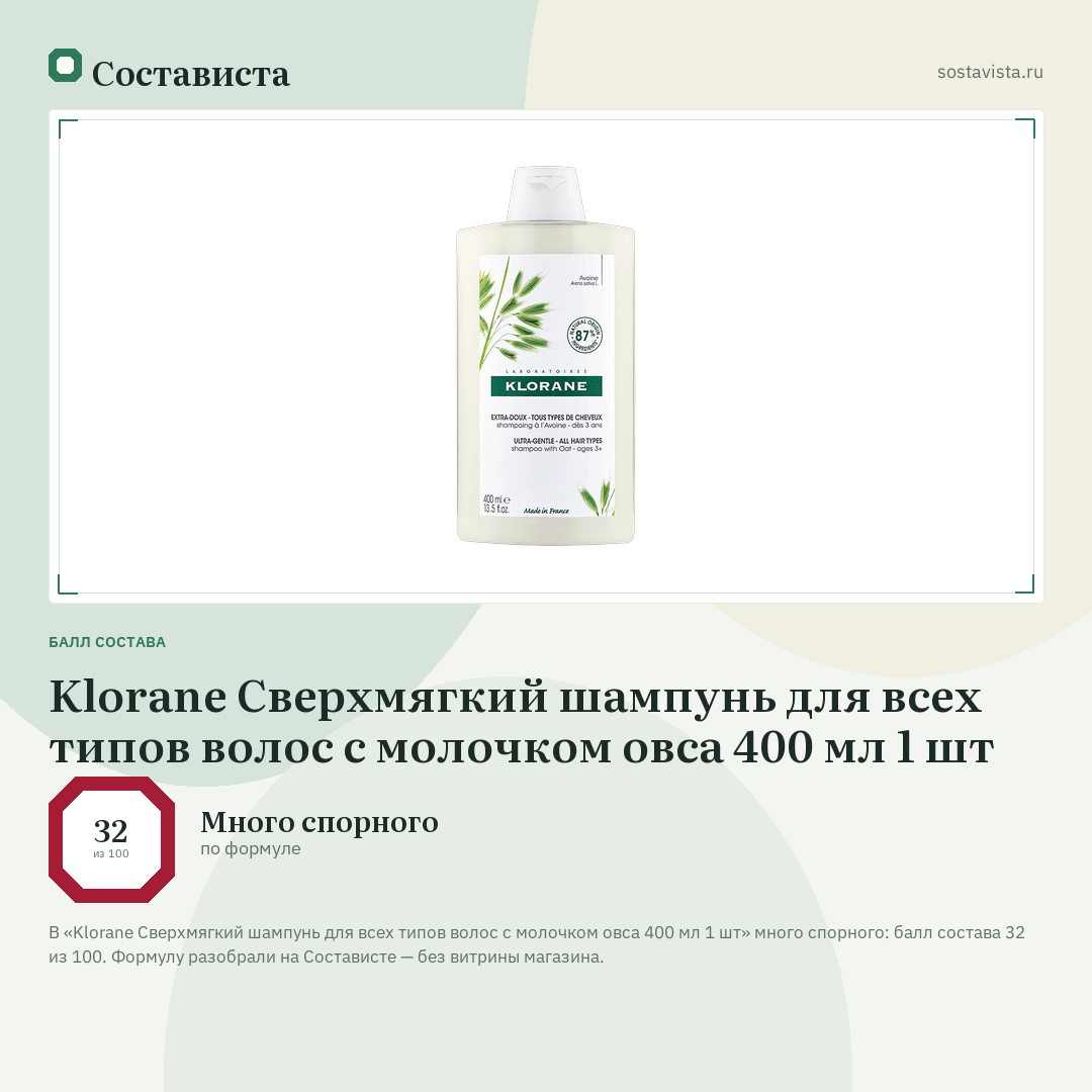 Klorane Сверхмягкий шампунь для всех типов волос с молочком овса 400 мл 1 шт: балл состава 32 из 100 — Состависта
