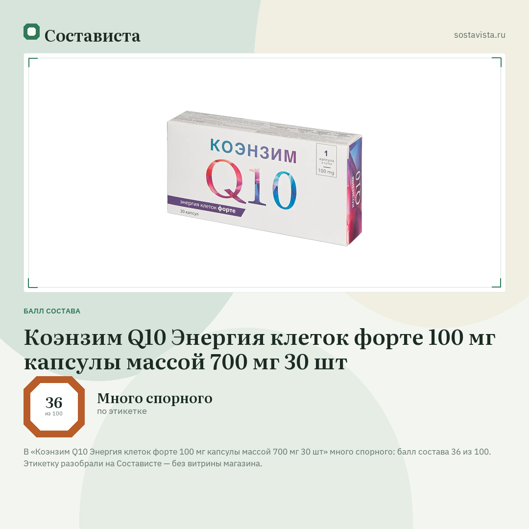 Коэнзим Q10 Энергия клеток форте 100 мг капсулы массой 700 мг 30 шт: балл состава 36 из 100 — Состависта