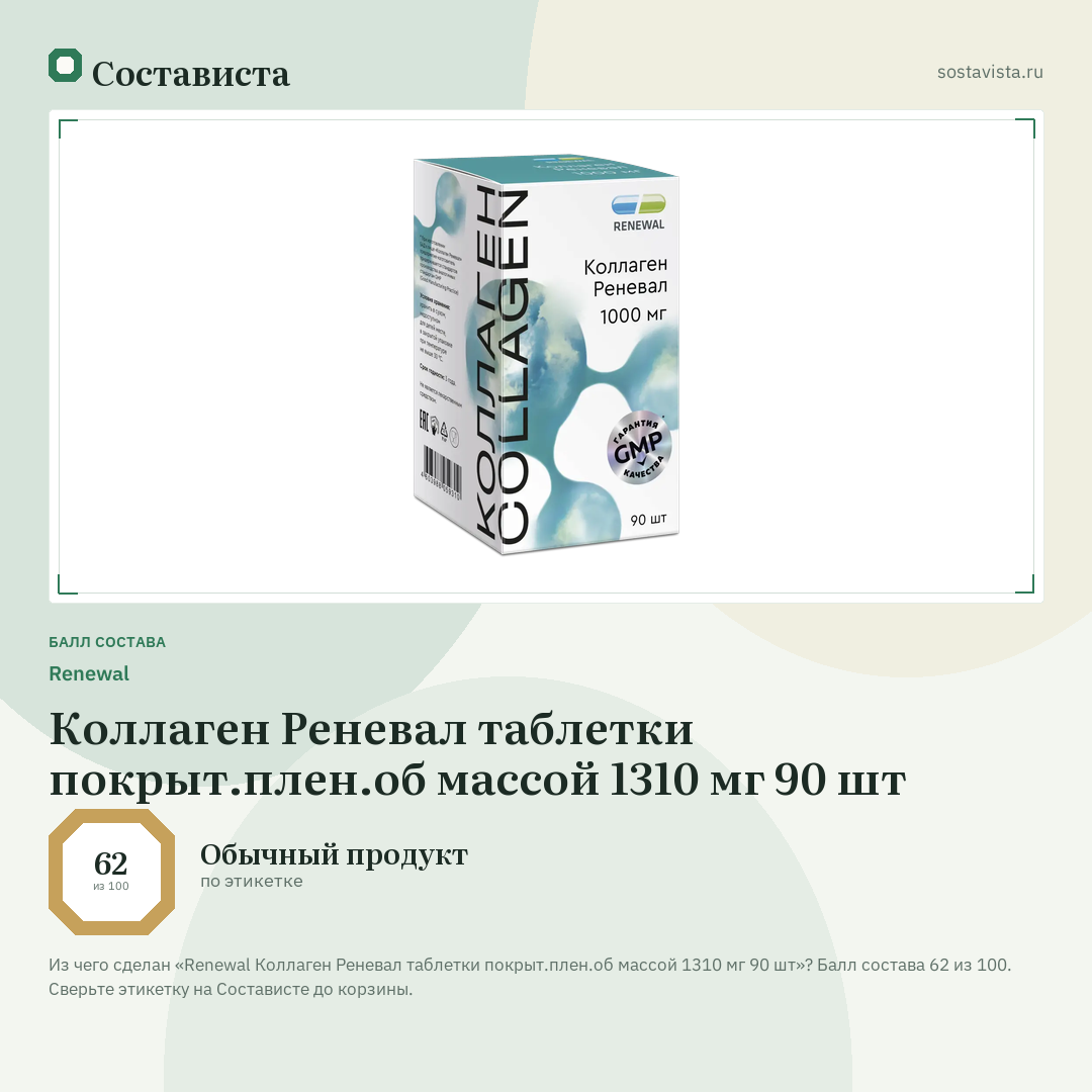 Renewal Коллаген Реневал таблетки покрыт.плен.об массой 1310 мг 90 шт: балл состава 62 из 100 — Состависта