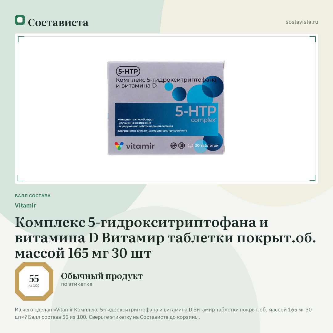 Vitamir Комплекс 5-гидрокситриптофана и витамина D Витамир таблетки покрыт.об. массой 165 мг 30 шт: балл состава 55 из 100 — Состависта