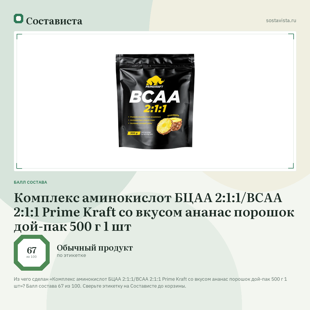 Комплекс аминокислот БЦАА 2:1:1/ВСAА 2:1:1 Prime Kraft со вкусом ананас порошок дой-пак 500 г 1 шт: балл состава 67 из 100 — Состависта