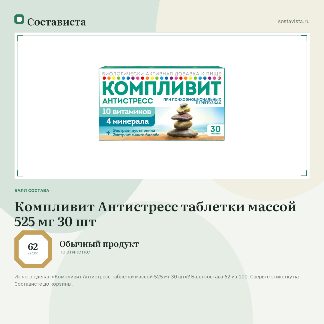 Компливит Антистресс таблетки массой 525 мг 30 шт: балл состава 62 из 100 — Состависта