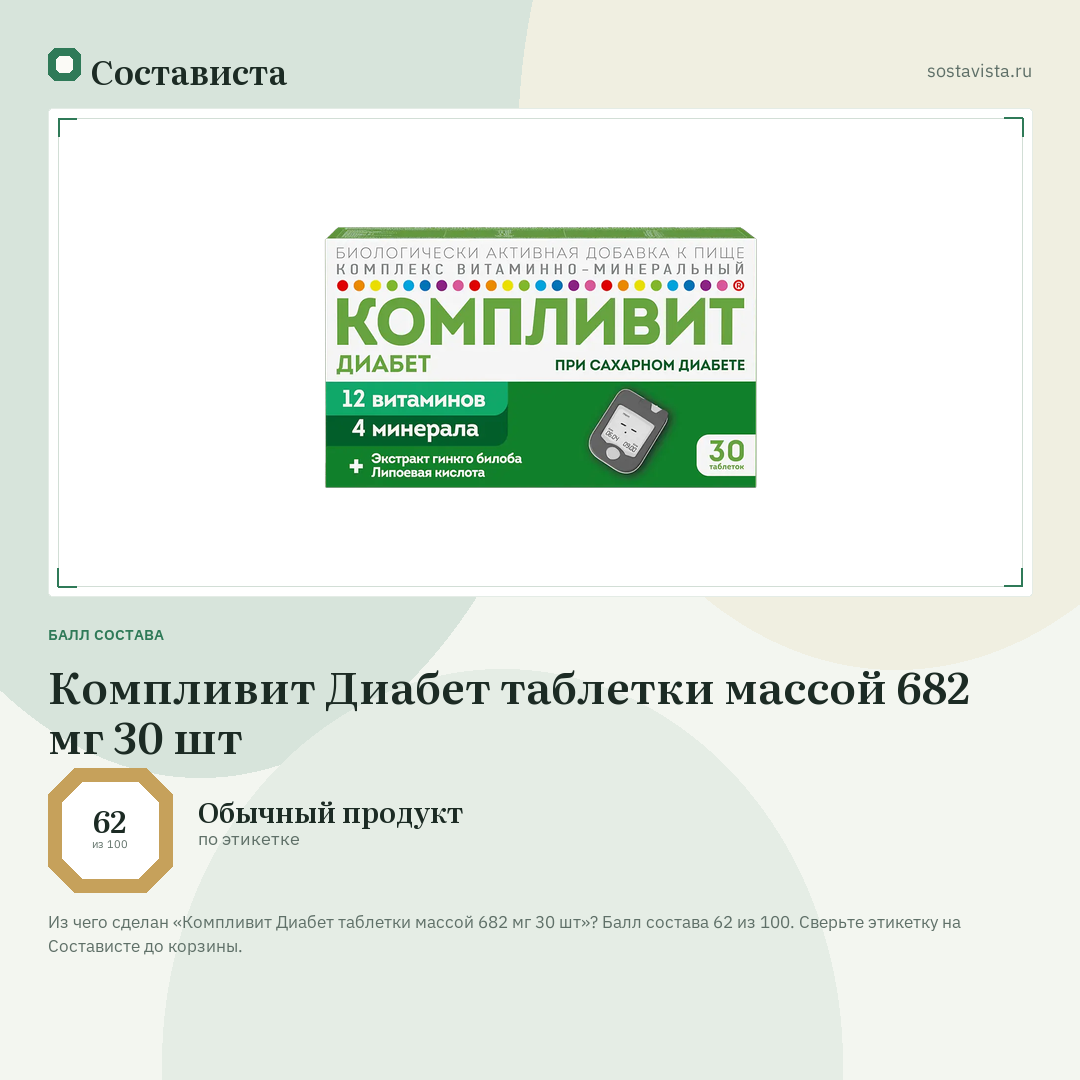 Компливит Диабет таблетки массой 682 мг 30 шт: балл состава 62 из 100 — Состависта