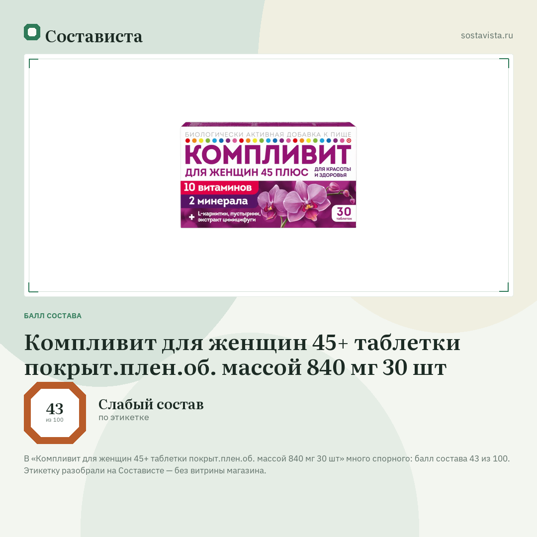 Компливит для женщин 45+ таблетки покрыт.плен.об. массой 840 мг 30 шт: балл состава 43 из 100 — Состависта