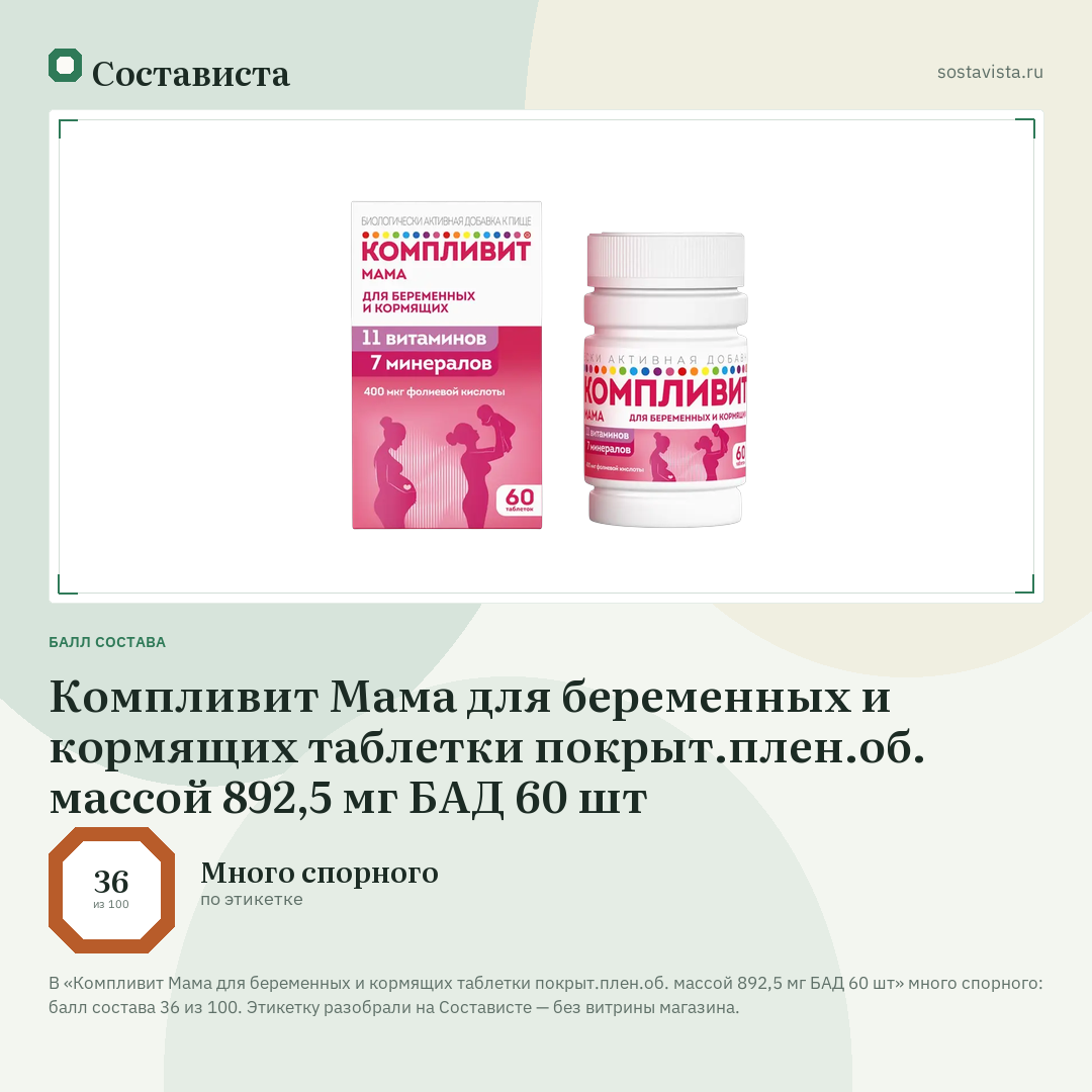 Компливит Мама для беременных и кормящих таблетки покрыт.плен.об. массой 892,5 мг БАД 60 шт: балл состава 36 из 100 — Состависта