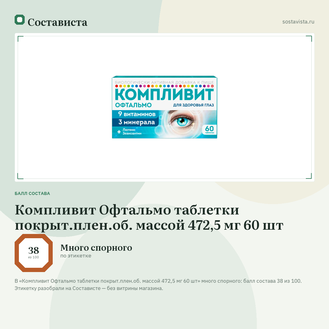 Компливит Офтальмо таблетки покрыт.плен.об. массой 472,5 мг 60 шт: балл состава 38 из 100 — Состависта