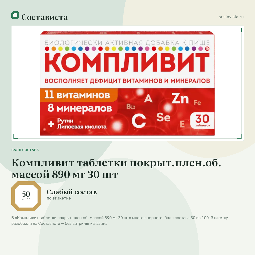 Компливит таблетки покрыт.плен.об. массой 890 мг 30 шт: балл состава 50 из 100 — Состависта