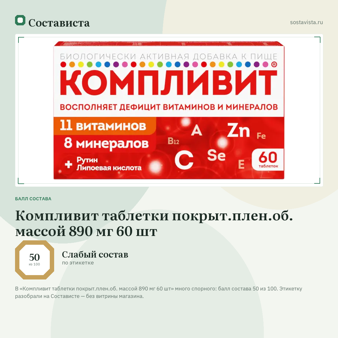 Компливит таблетки покрыт.плен.об. массой 890 мг 60 шт: балл состава 50 из 100 — Состависта