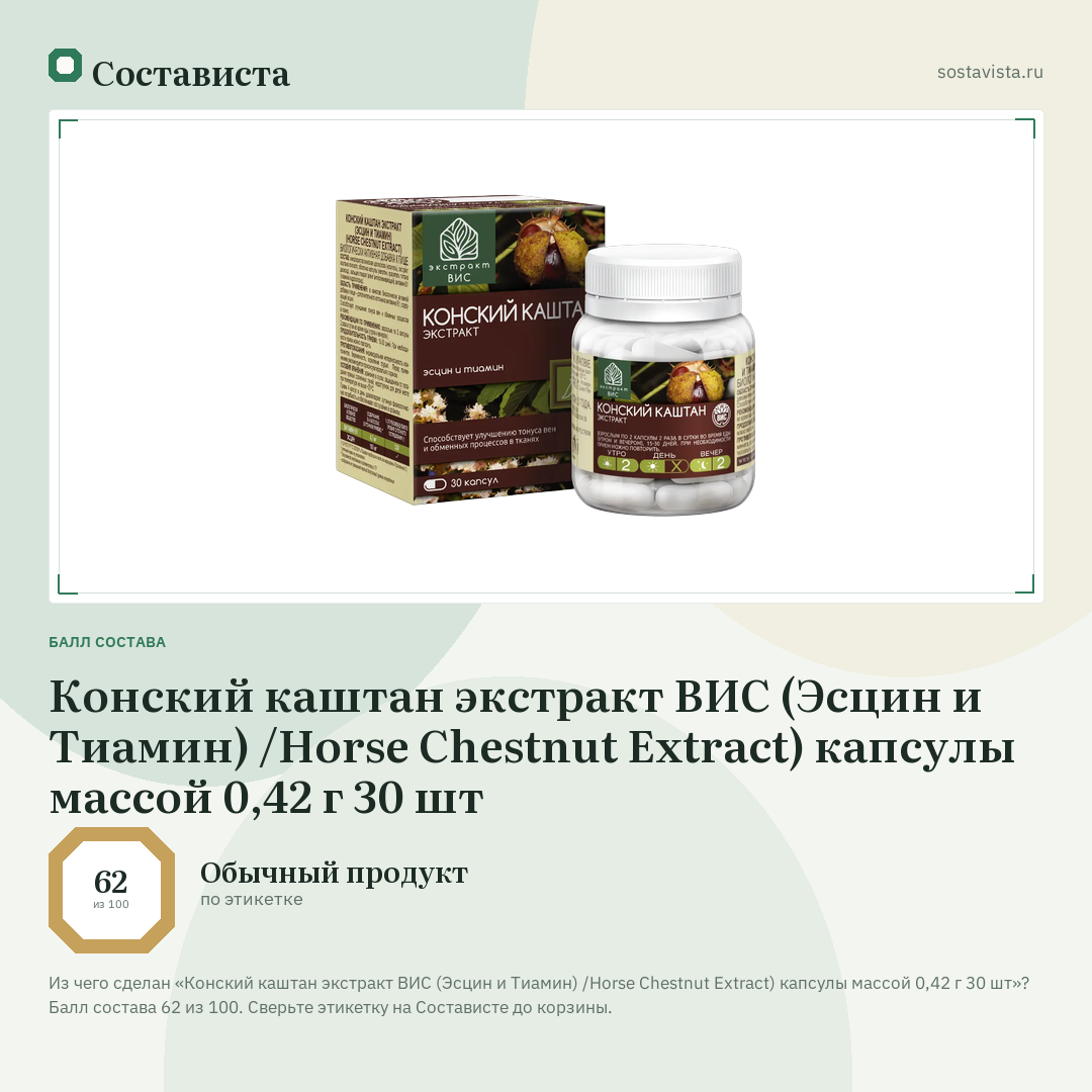 Конский каштан экстракт ВИС (Эсцин и Тиамин) /Horse Chestnut Extract) капсулы массой 0,42 г 30 шт: балл состава 62 из 100 — Состависта