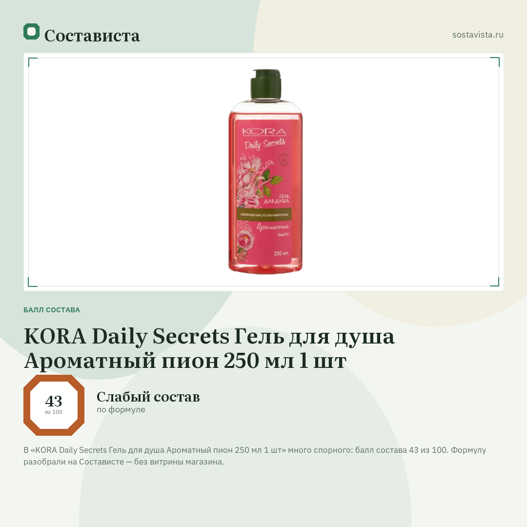 KORA Daily Secrets Гель для душа Ароматный пион 250 мл 1 шт: балл состава 43 из 100 — Состависта