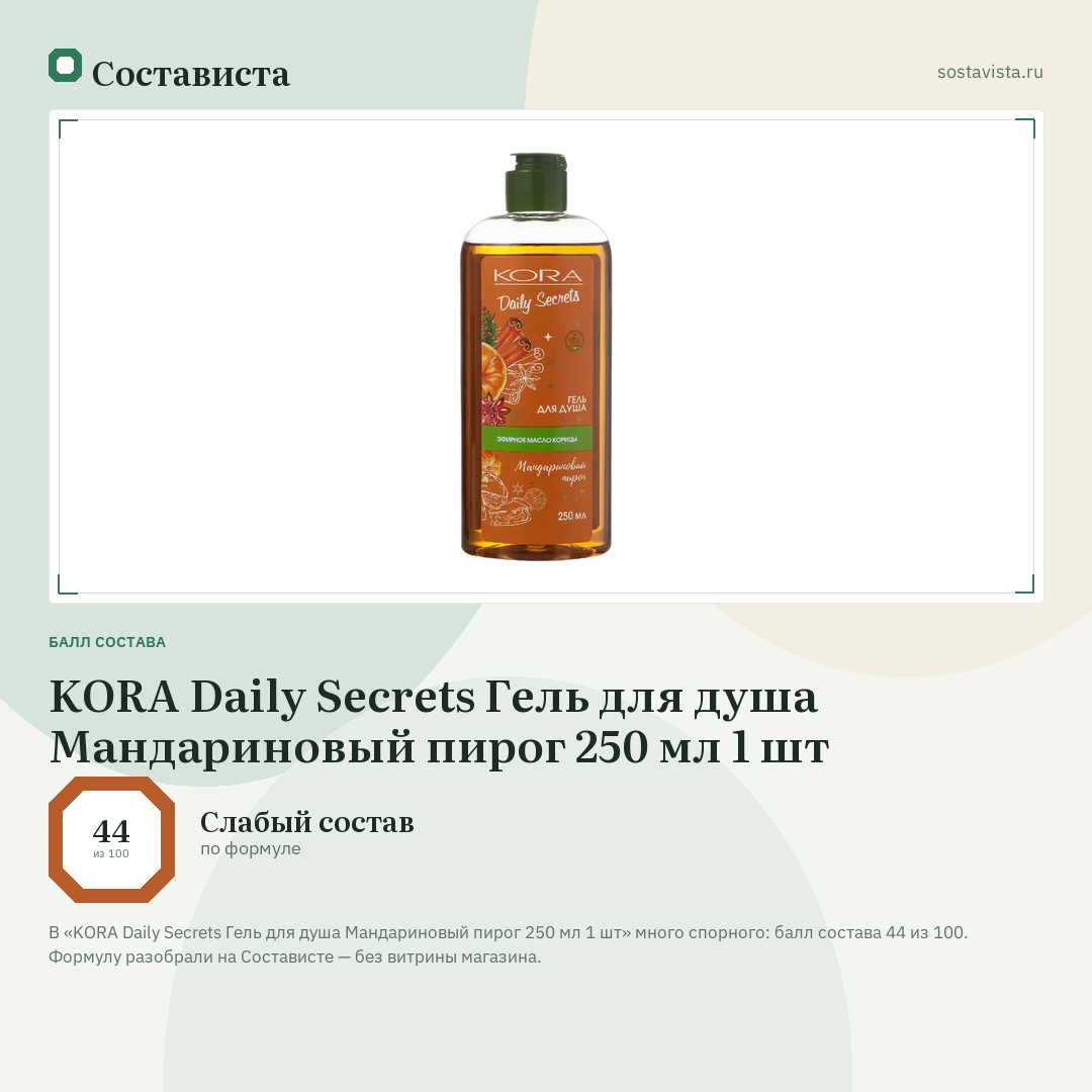 KORA Daily Secrets Гель для душа Мандариновый пирог 250 мл 1 шт: балл состава 44 из 100 — Состависта
