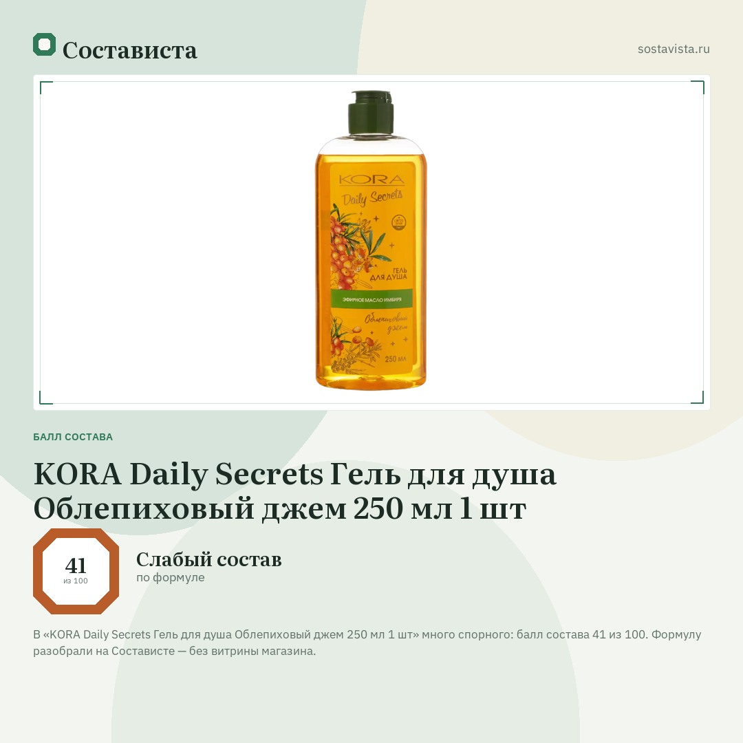 KORA Daily Secrets Гель для душа Облепиховый джем 250 мл 1 шт: балл состава 41 из 100 — Состависта