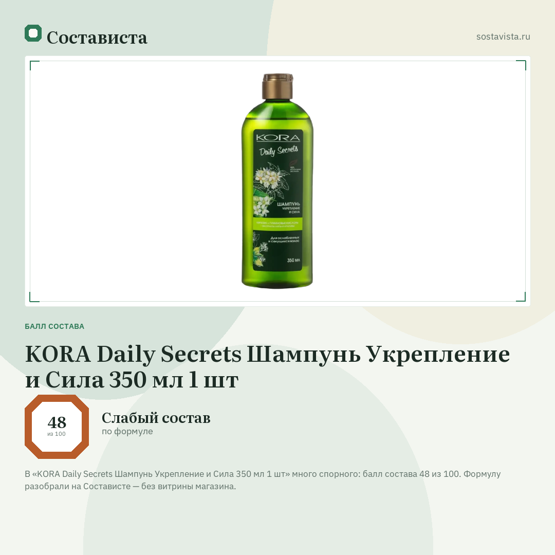 KORA Daily Secrets Шампунь Укрепление и Сила 350 мл 1 шт: балл состава 48 из 100 — Состависта