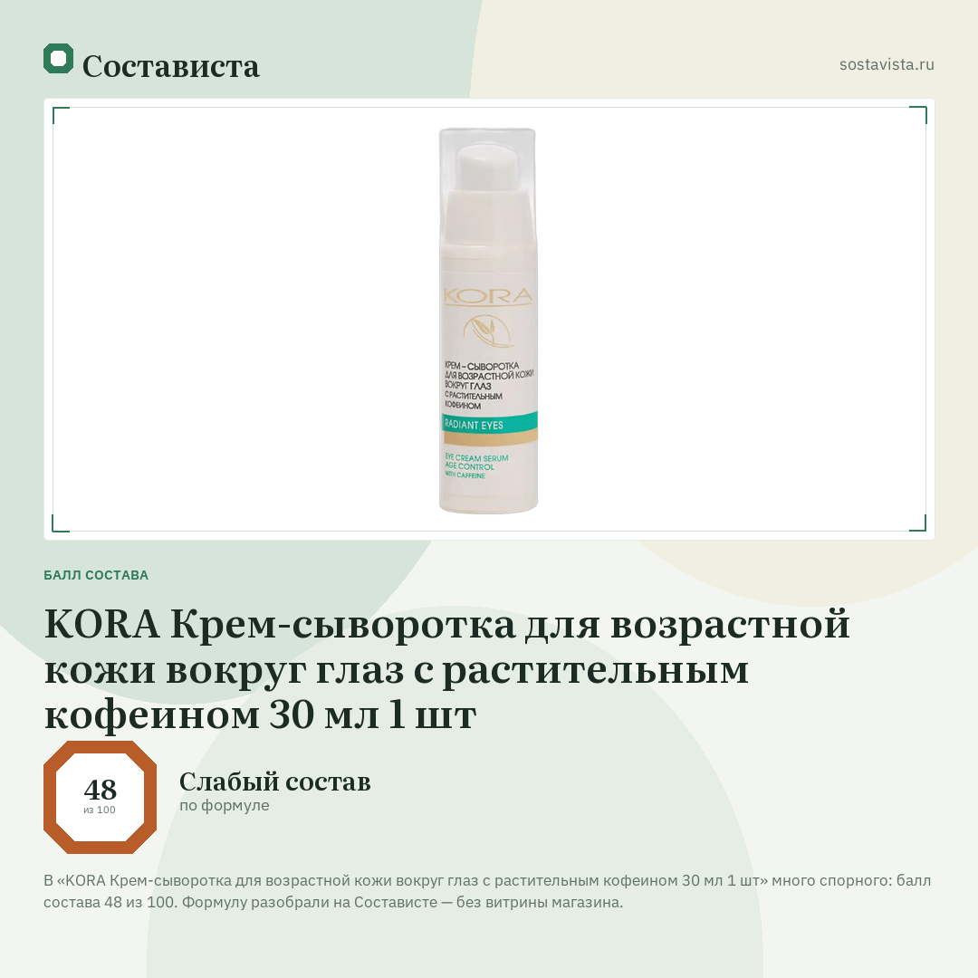 KORA Крем-сыворотка для возрастной кожи вокруг глаз с растительным кофеином 30 мл 1 шт: балл состава 48 из 100 — Состависта