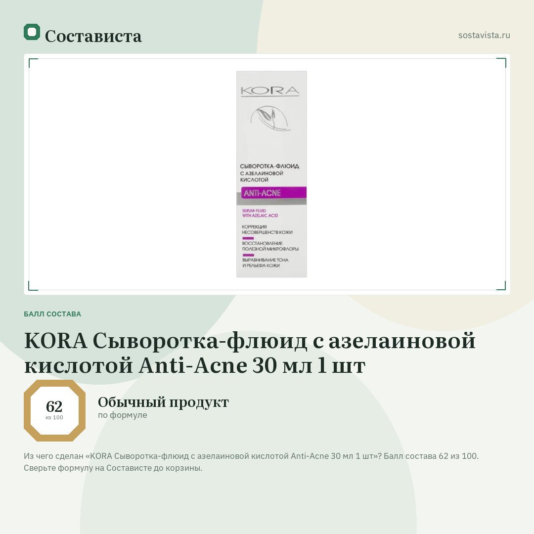 KORA Сыворотка-флюид с азелаиновой кислотой Anti-Acne 30 мл 1 шт: балл состава 62 из 100 — Состависта