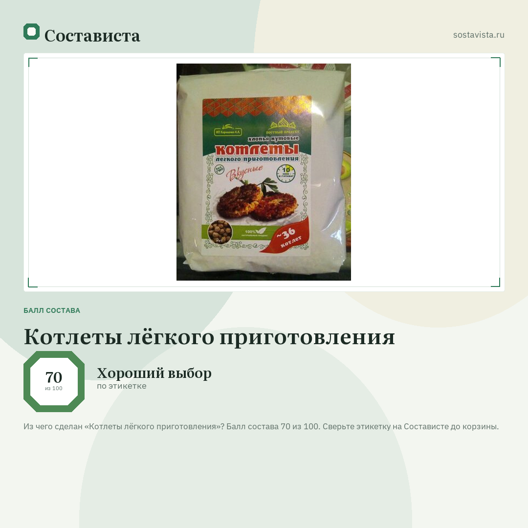 Котлеты лёгкого приготовления: балл состава 70 из 100 — Состависта