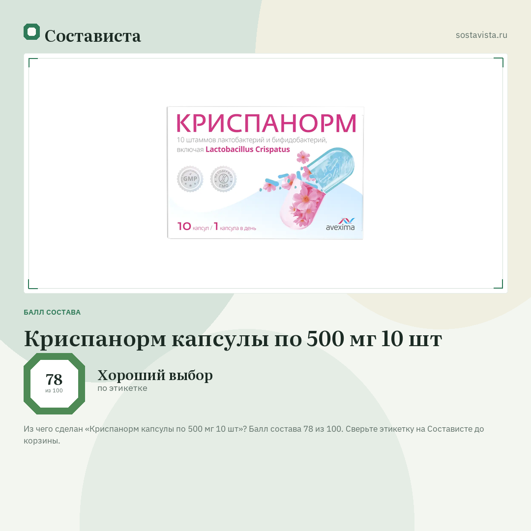 Криспанорм капсулы по 500 мг 10 шт: балл состава 78 из 100 — Состависта