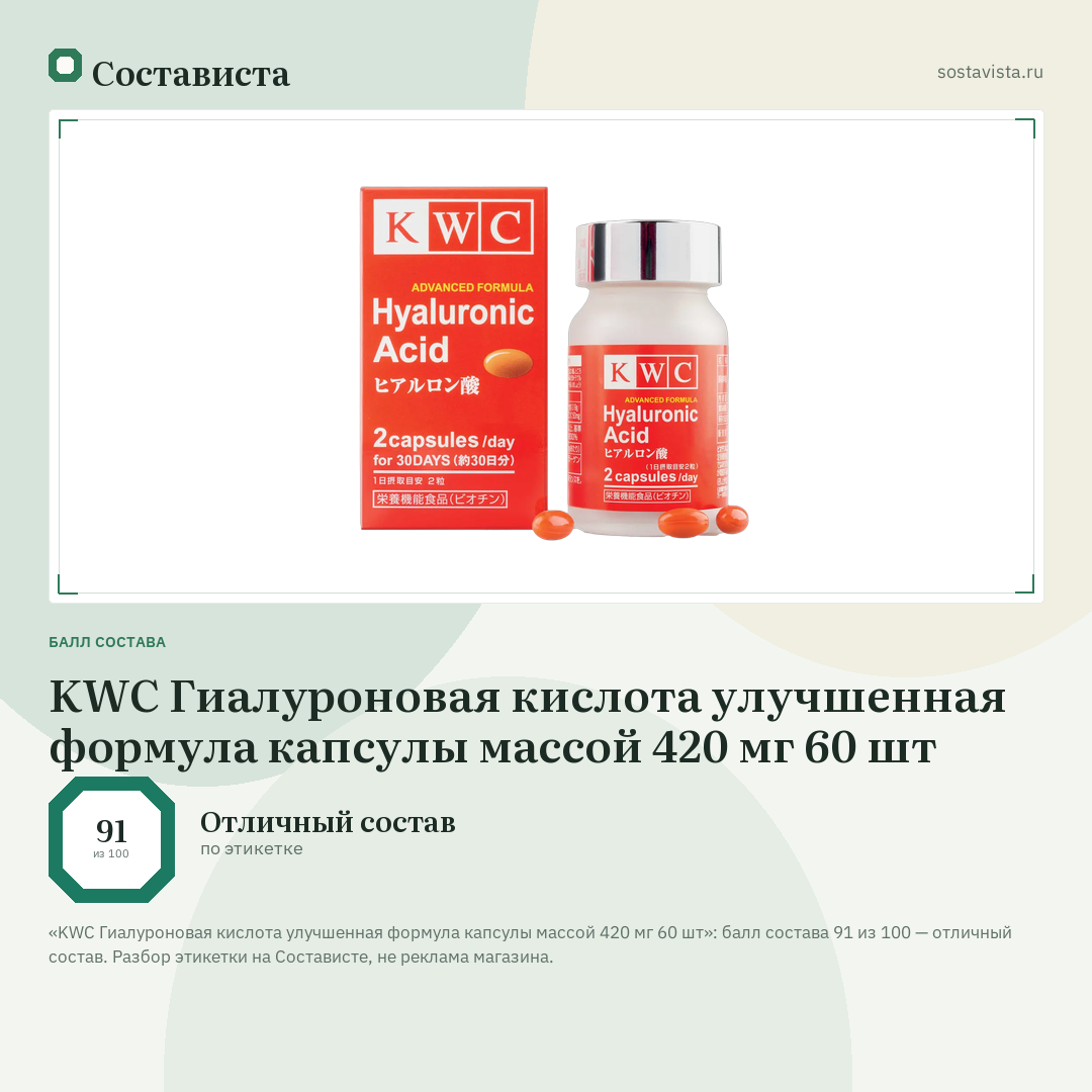 KWC Гиалуроновая кислота улучшенная формула капсулы массой 420 мг 60 шт: балл состава 91 из 100 — Состависта