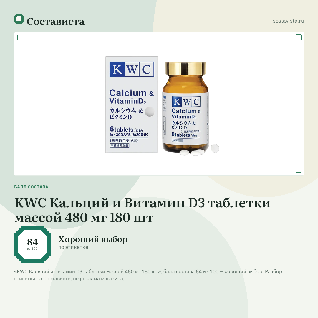 KWC Кальций и Витамин D3 таблетки массой 480 мг 180 шт: балл состава 84 из 100 — Состависта