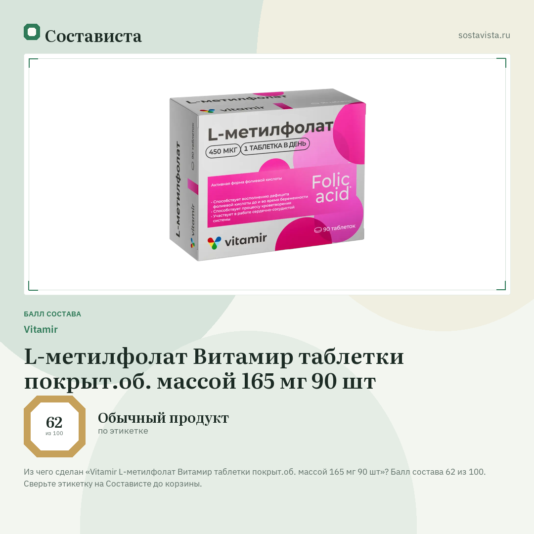 Vitamir L-метилфолат Витамир таблетки покрыт.об. массой 165 мг 90 шт: балл состава 62 из 100 — Состависта