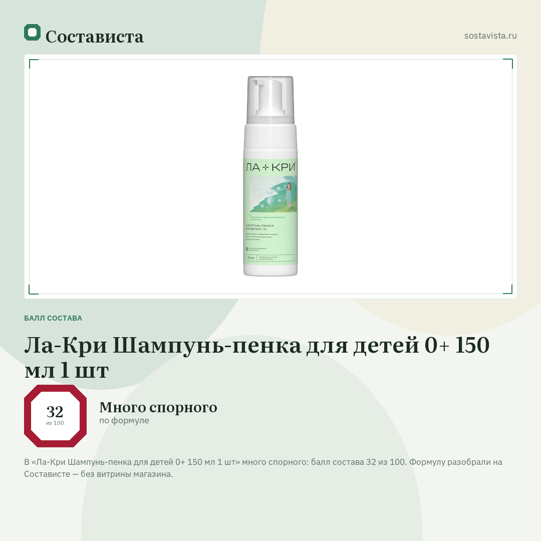 Ла-Кри Шампунь-пенка для детей 0+ 150 мл 1 шт: балл состава 32 из 100 — Состависта