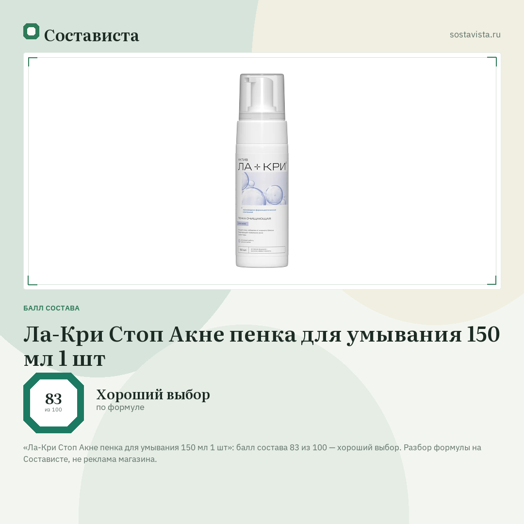 Ла-Кри Стоп Акне пенка для умывания 150 мл 1 шт: балл состава 83 из 100 — Состависта