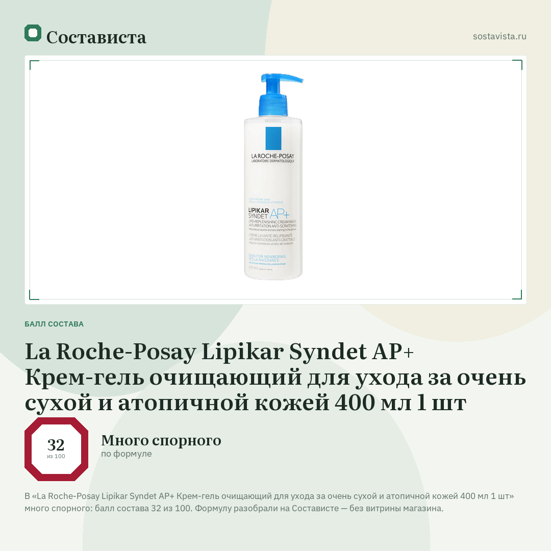 La Roche-Posay Lipikar Syndet AP+ Крем-гель очищающий для ухода за очень сухой и атопичной кожей 400 мл 1 шт: балл состава 32 из 100 — Состависта