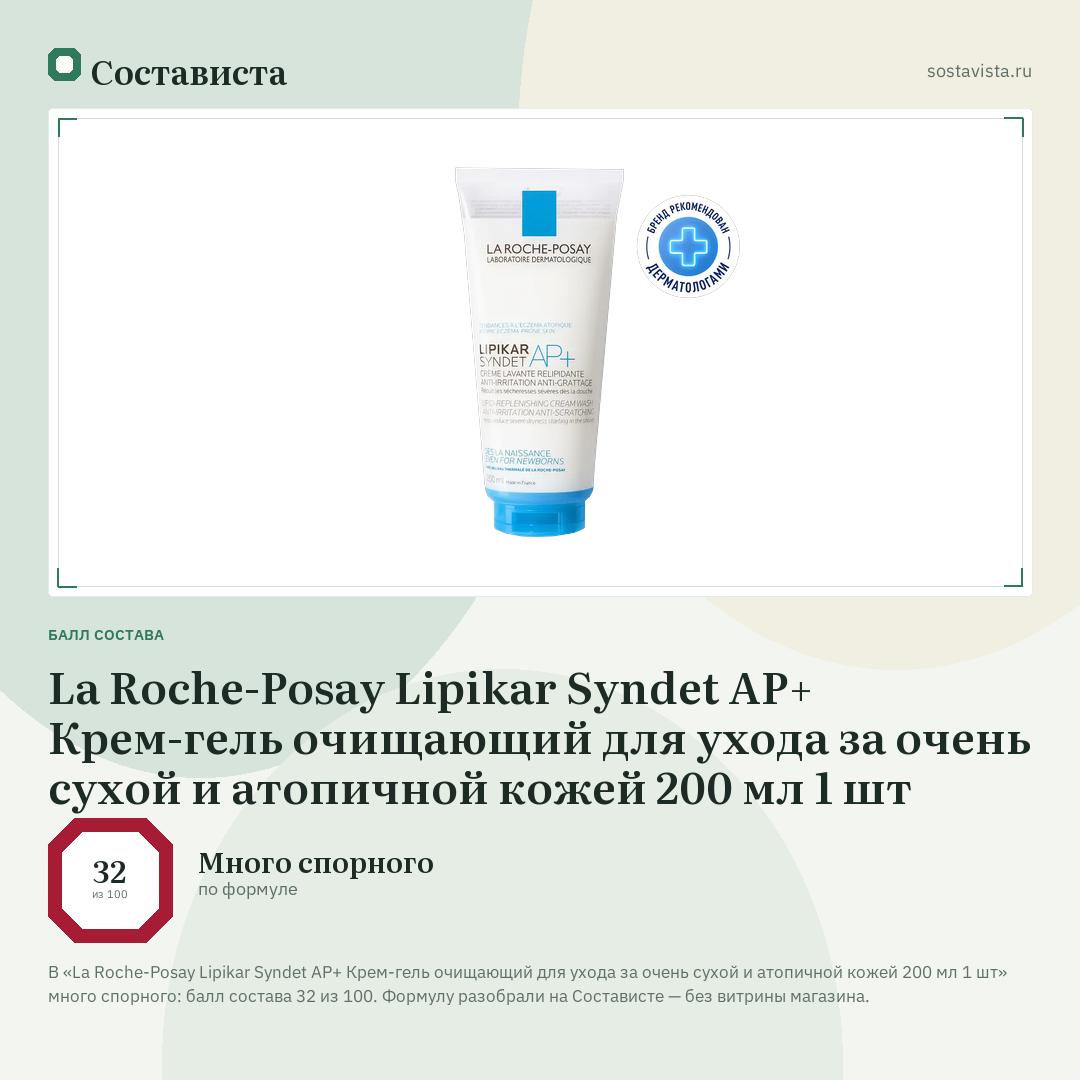 La Roche-Posay Lipikar Syndet AP+ Крем-гель очищающий для ухода за очень сухой и атопичной кожей 200 мл 1 шт: балл состава 32 из 100 — Состависта