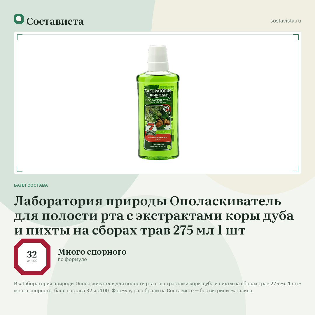 Лаборатория природы Ополаскиватель для полости рта с экстрактами коры дуба и пихты на сборах трав 275 мл 1 шт: балл состава 32 из 100 — Состависта