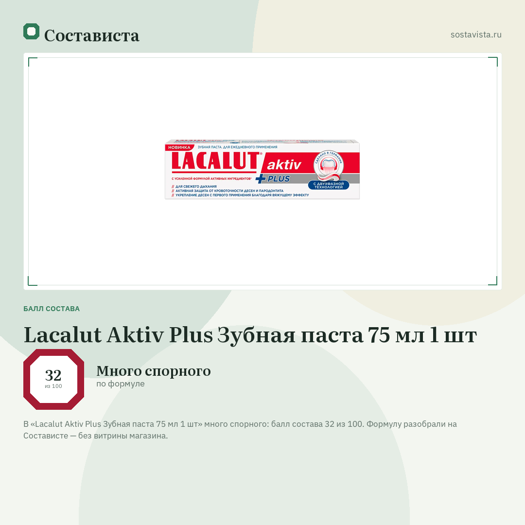 Lacalut Aktiv Plus Зубная паста 75 мл 1 шт: балл состава 32 из 100 — Состависта