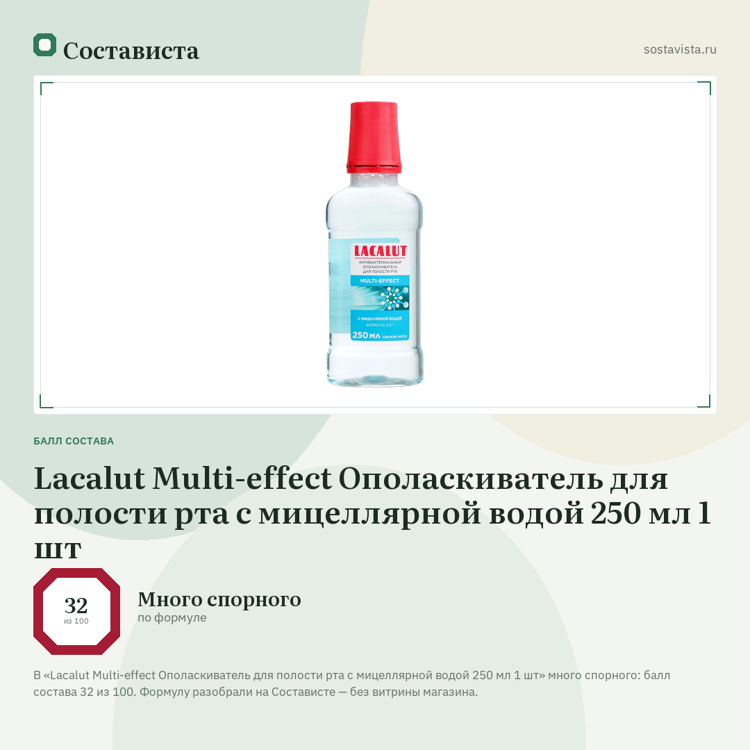 Lacalut Multi-effect Ополаскиватель для полости рта с мицеллярной водой 250 мл 1 шт: балл состава 32 из 100 — Состависта
