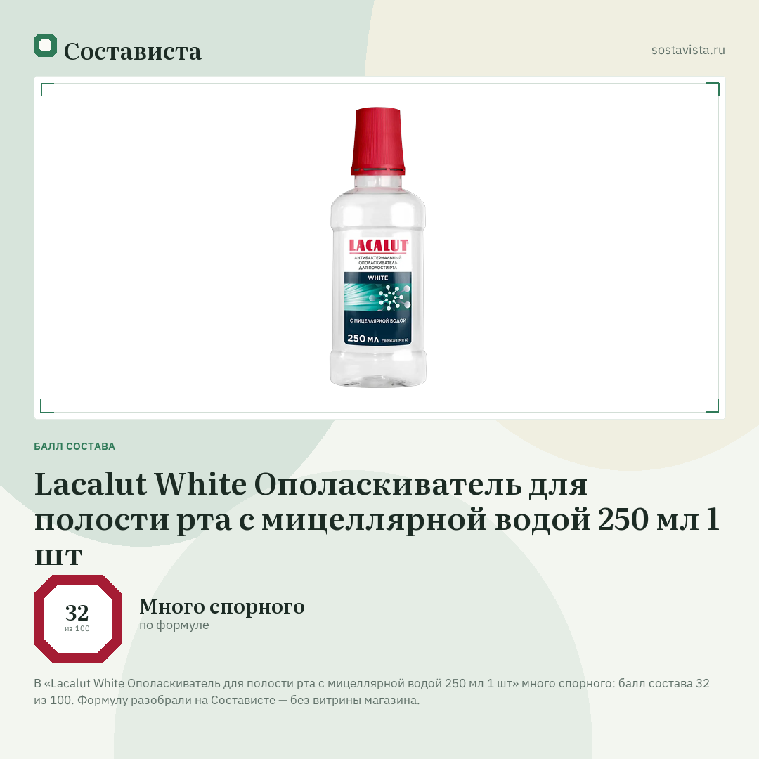 Lacalut White Ополаскиватель для полости рта с мицеллярной водой 250 мл 1 шт: балл состава 32 из 100 — Состависта