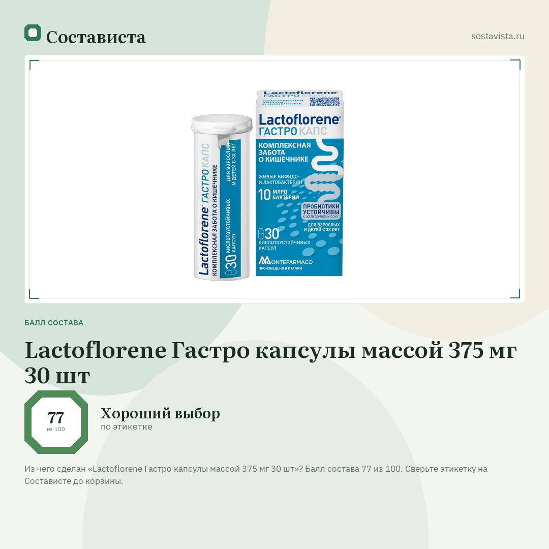 Lactoflorene Гастро капсулы массой 375 мг 30 шт: балл состава 77 из 100 — Состависта