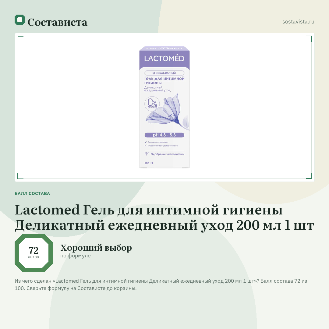 Lactomed Гель для интимной гигиены Деликатный ежедневный уход 200 мл 1 шт: балл состава 72 из 100 — Состависта