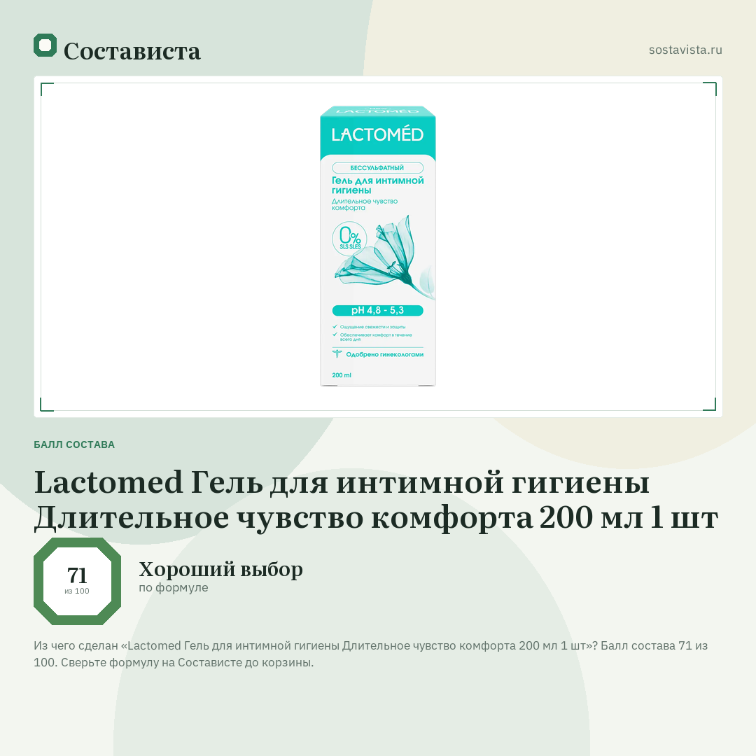 Lactomed Гель для интимной гигиены Длительное чувство комфорта 200 мл 1 шт: балл состава 71 из 100 — Состависта