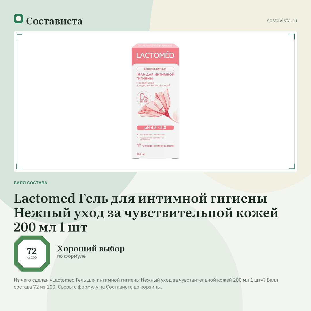 Lactomed Гель для интимной гигиены Нежный уход за чувствительной кожей 200 мл 1 шт: балл состава 72 из 100 — Состависта