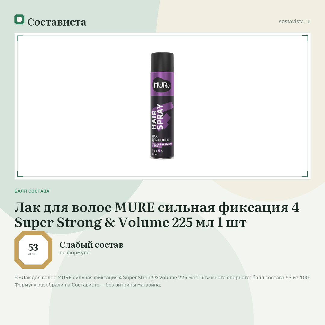 Лак для волос MURE cильная фиксация 4 Super Strong & Volume 225 мл 1 шт: балл состава 53 из 100 — Состависта
