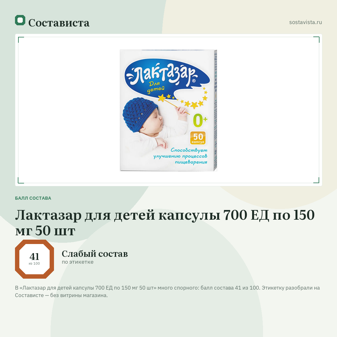 Лактазар для детей капсулы 700 ЕД по 150 мг 50 шт: балл состава 41 из 100 — Состависта