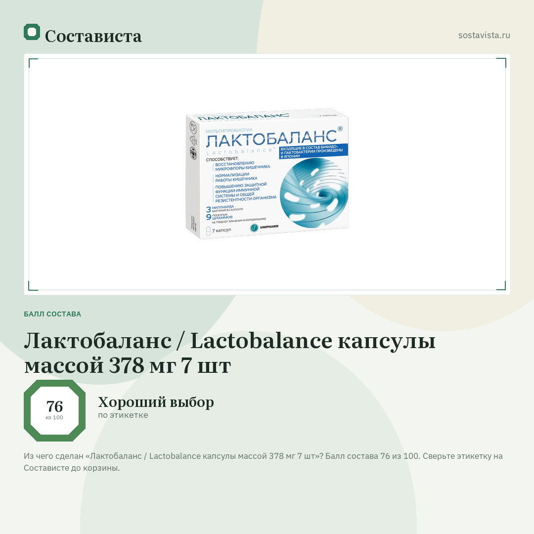 Лактобаланс / Lactobalance капсулы массой 378 мг 7 шт: балл состава 76 из 100 — Состависта
