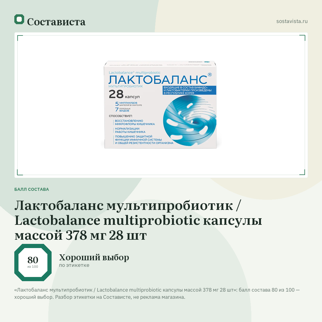 Лактобаланс мультипробиотик / Lactobalance multiprobiotic капсулы массой 378 мг 28 шт: балл состава 80 из 100 — Состависта