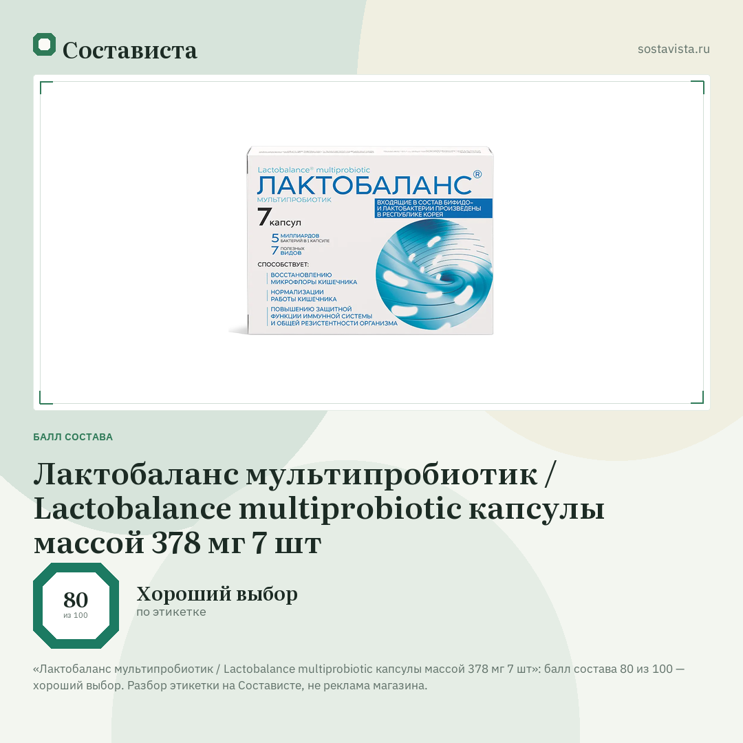 Лактобаланс мультипробиотик / Lactobalance multiprobiotic капсулы массой 378 мг 7 шт: балл состава 80 из 100 — Состависта