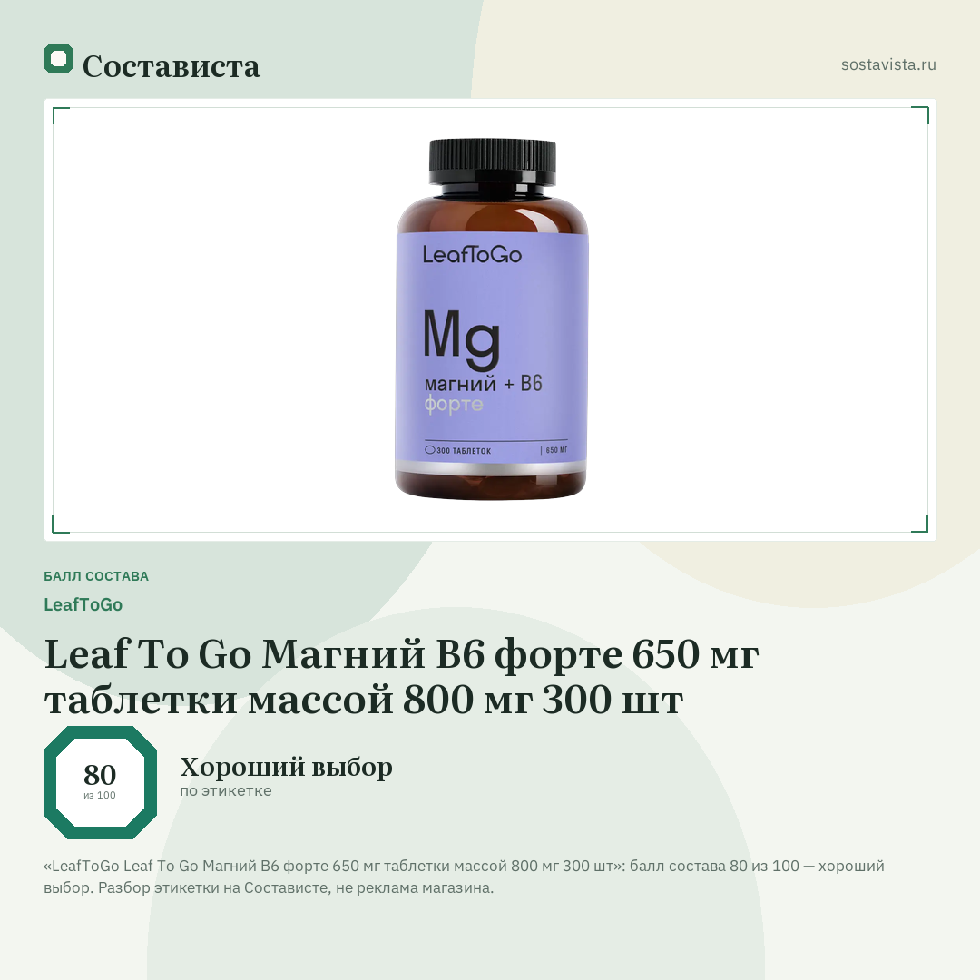 LeafToGo Leaf To Go Магний В6 форте 650 мг таблетки массой 800 мг 300 шт: балл состава 80 из 100 — Состависта