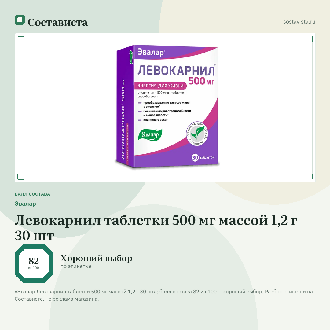 Эвалар Левокарнил таблетки 500 мг массой 1,2 г 30 шт: балл состава 82 из 100 — Состависта