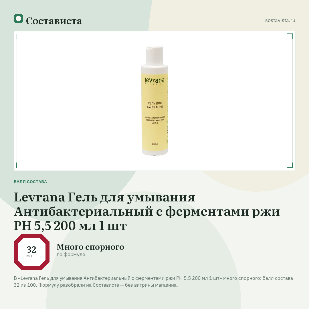 Levrana Гель для умывания Антибактериальный с ферментами ржи PH 5,5 200 мл 1 шт: балл состава 32 из 100 — Состависта