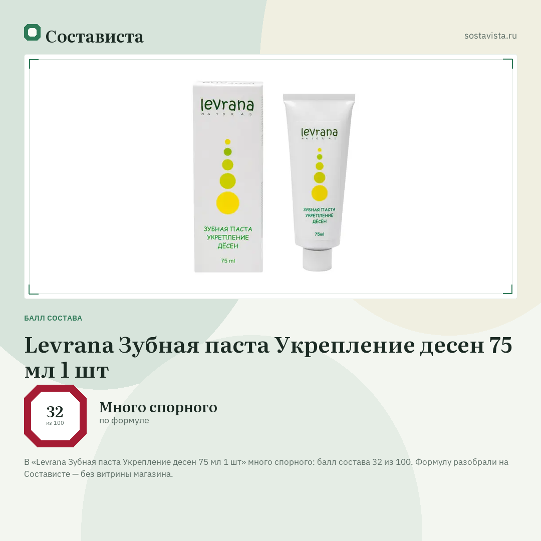 Levrana Зубная паста Укрепление десен 75 мл 1 шт: балл состава 32 из 100 — Состависта
