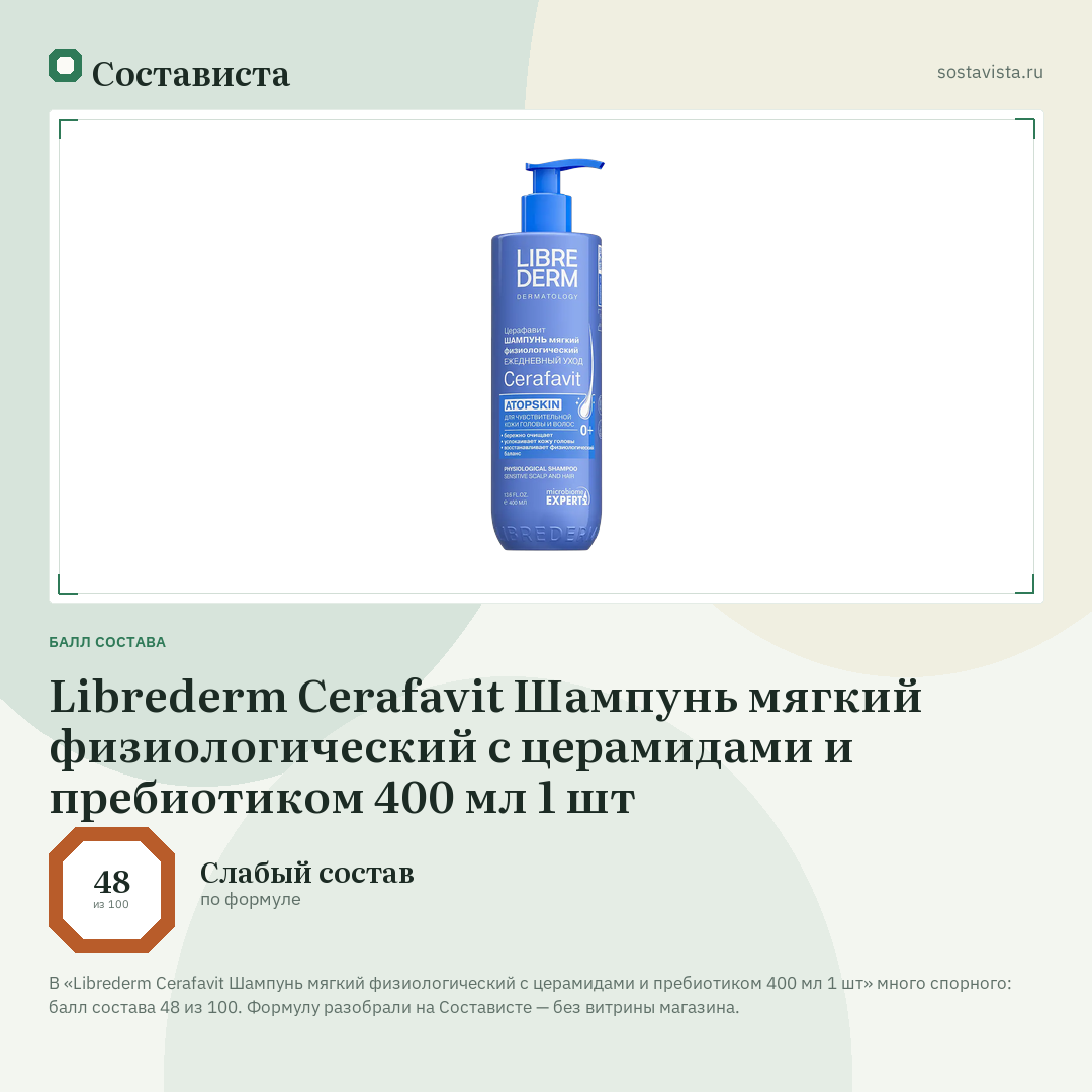 Librederm Cerafavit Шампунь мягкий физиологический с церамидами и пребиотиком 400 мл 1 шт: балл состава 48 из 100 — Состависта