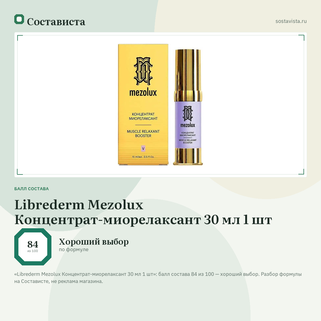 Librederm Mezolux Концентрат-миорелаксант 30 мл 1 шт: балл состава 84 из 100 — Состависта