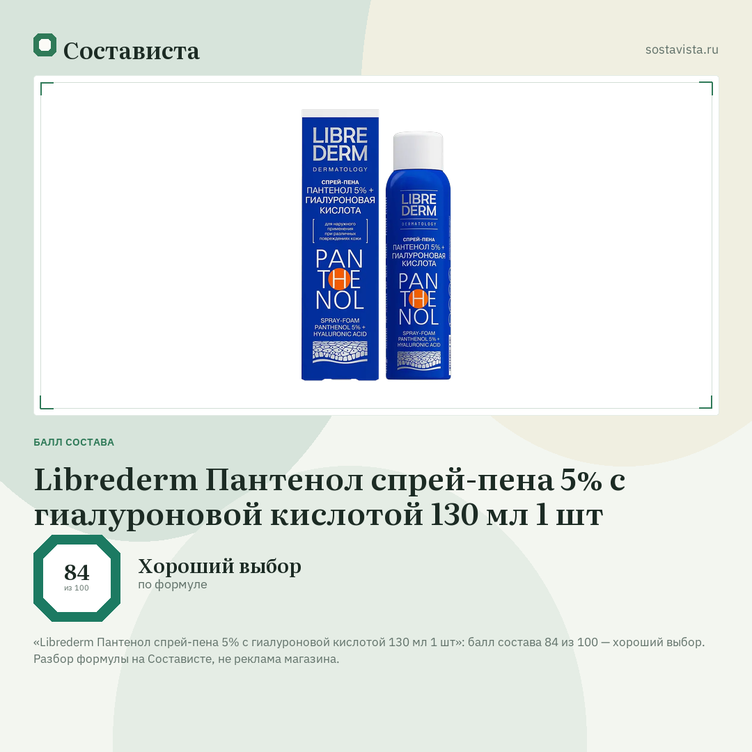 Librederm Пантенол спрей-пена 5% с гиалуроновой кислотой 130 мл 1 шт: балл состава 84 из 100 — Состависта